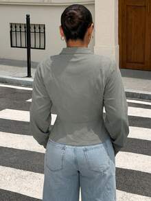 Muchica Plus-Size Gray-Green Streetwear Style Retro Double-Breasted Zip-Up Long-Sleeved Corduroy Jacket, Napoleon Style. Fall - Olive Green - View 2