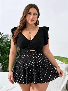 SHEIN Swim Basics 大码女士纯色两件套泳衣，简约优雅夏季度假沙滩泳装 - 黑色 - 查看 7