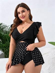 SHEIN Swim Basics 大码女士纯色两件套泳衣，简约优雅夏季度假沙滩泳装 - 黑色 - 查看 5