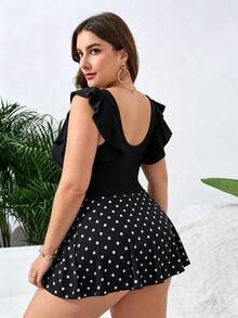 SHEIN Swim Basics 大码女士纯色两件套泳衣，简约优雅夏季度假沙滩泳装 - 黑色 - 查看 3