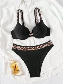 SHEIN Swim 夏季新款女士泳衣带钢圈聚拢可调节细肩带后背两件套 - 黑色 - 查看 3