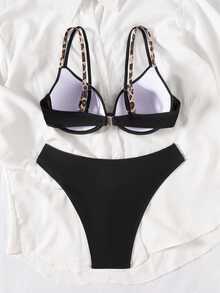 SHEIN Swim 夏季新款女士泳衣带钢圈聚拢可调节细肩带后背两件套 - 黑色 - 查看 4
