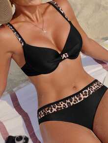 SHEIN Swim 夏季新款女士泳衣带钢圈聚拢可调节细肩带后背两件套 - 黑色 - 查看 1