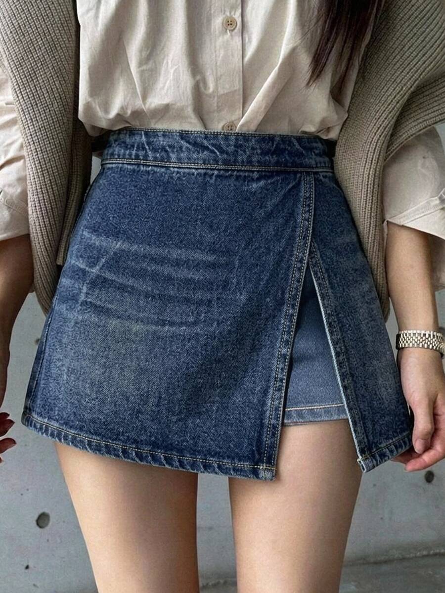 DAZY Women's Solid Color Split Design Casual Versatile Skort - Blue - View 1