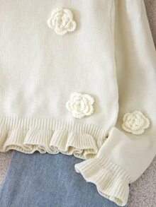 SHEIN Tween Girls Sweet 3D Floral Knit Sweater, Round Neck Petal Sleeve Ruffle Hem Short Long Sleeve Pullover Top, Children's Knitwear - White - View 7