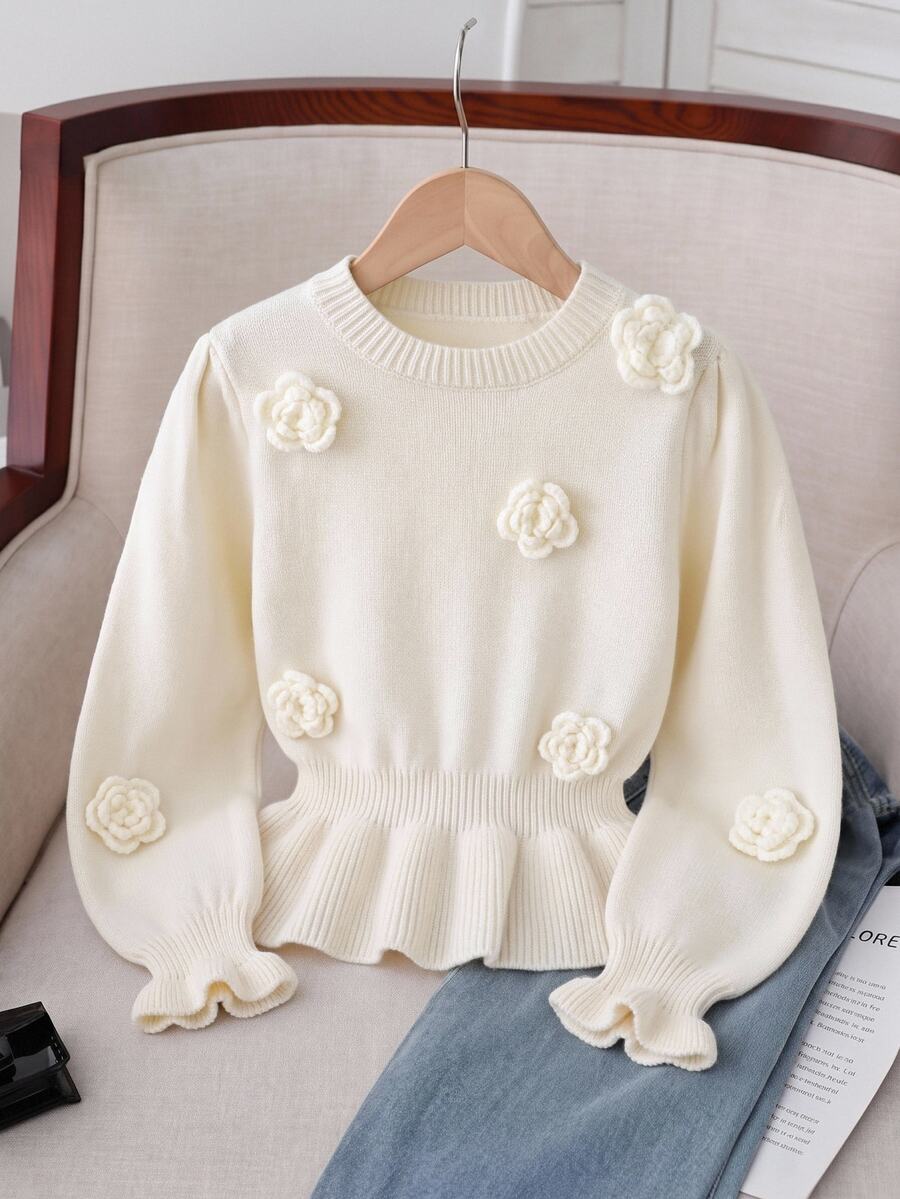SHEIN Tween Girls Sweet 3D Floral Knit Sweater, Round Neck Petal Sleeve Ruffle Hem Short Long Sleeve Pullover Top, Children's Knitwear - White - View 1