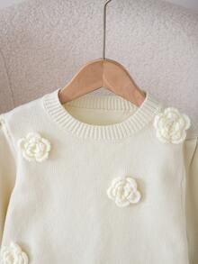 SHEIN Tween Girls Sweet 3D Floral Knit Sweater, Round Neck Petal Sleeve Ruffle Hem Short Long Sleeve Pullover Top, Children's Knitwear - White - View 4