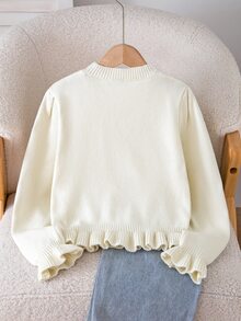 SHEIN Tween Girls Sweet 3D Floral Knit Sweater, Round Neck Petal Sleeve Ruffle Hem Short Long Sleeve Pullover Top, Children's Knitwear - White - View 2