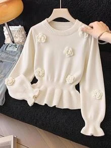SHEIN Tween Girls Sweet 3D Floral Knit Sweater, Round Neck Petal Sleeve Ruffle Hem Short Long Sleeve Pullover Top, Children's Knitwear - White - View 8