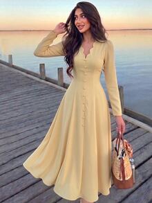 NOVVYNE Quiet Luxury Cream Yellow Midi Dress, Scallop V Neck Long Sleeve Button Front Fit And Flare Modest Dress For Wedding Guest Seaside Vacation - Yellow - View 3