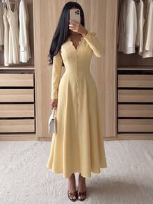 NOVVYNE Quiet Luxury Cream Yellow Midi Dress, Scallop V Neck Long Sleeve Button Front Fit And Flare Modest Dress For Wedding Guest Seaside Vacation - Yellow - View 4
