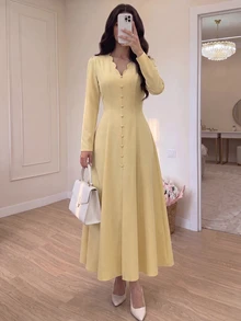 NOVVYNE Quiet Luxury Cream Yellow Midi Dress, Scallop V Neck Long Sleeve Button Front Fit And Flare Modest Dress For Wedding Guest Seaside Vacation - Yellow - View 5