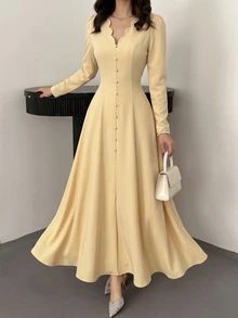 NOVVYNE Quiet Luxury Cream Yellow Midi Dress, Scallop V Neck Long Sleeve Button Front Fit And Flare Modest Dress For Wedding Guest Seaside Vacation - Yellow - View 7