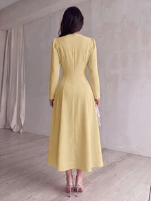 NOVVYNE Quiet Luxury Cream Yellow Midi Dress, Scallop V Neck Long Sleeve Button Front Fit And Flare Modest Dress For Wedding Guest Seaside Vacation - Yellow - View 2