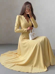 NOVVYNE Quiet Luxury Cream Yellow Midi Dress, Scallop V Neck Long Sleeve Button Front Fit And Flare Modest Dress For Wedding Guest Seaside Vacation - Yellow - View 6