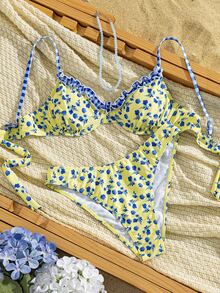 Swim Mod Summer Vacation Sweet Tropical Modest Floral Ruffle Spaghetti Strap Backless Tie-Up Bikini Set Beach Yellow - Multicolor - View 2