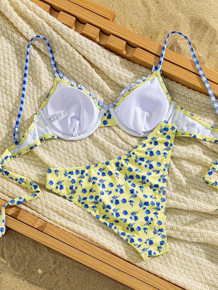 Swim Mod طقم بيكيني أصفر للشاطئ بإطلالة استوائية حلوة لعطلة الصيف، محتشم بنقشة زهور وكشكشة وحمالات رفيعة وظهر مكشوف مع ربط - متعدد الألوان - مشاهدة 5