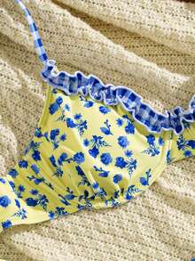 Swim Mod Summer Vacation Sweet Tropical Modest Floral Ruffle Spaghetti Strap Backless Tie-Up Bikini Set Beach Yellow - Multicolor - View 3