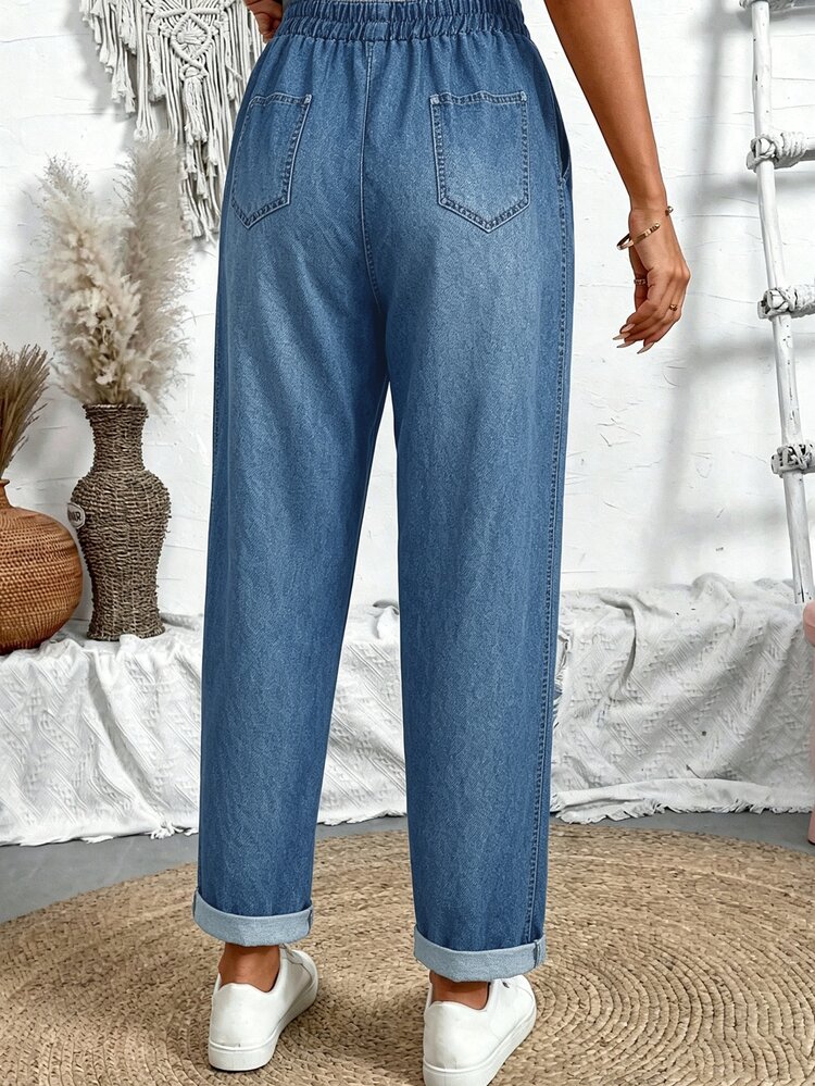 SHEIN Holidaya Vacation Regular Fit Jogger Pants Elastic Waistband Slanted Pockets Back-To-School Commuting Vacation Wear Outdoor Country Elegant Women's Pants - Medium Wash - View 2