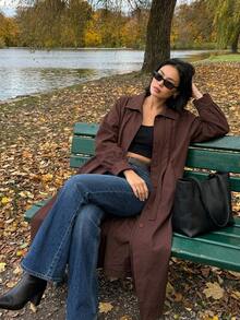 DAZY Solid Color Loose Long Belt Elegant Street Vacation Spring Autumn Long Trench Coat Jacket For Women - Coffee Brown - View 11