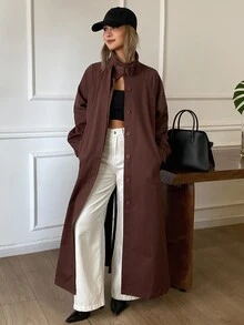 DAZY Solid Color Loose Long Belt Elegant Street Vacation Spring Autumn Long Trench Coat Jacket For Women - Coffee Brown - View 4