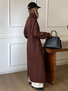 DAZY Solid Color Loose Long Belt Elegant Street Vacation Spring Autumn Long Trench Coat Jacket For Women - Coffee Brown - View 2
