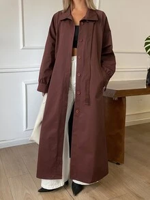 DAZY Solid Color Loose Long Belt Elegant Street Vacation Spring Autumn Long Trench Coat Jacket For Women - Coffee Brown - View 9