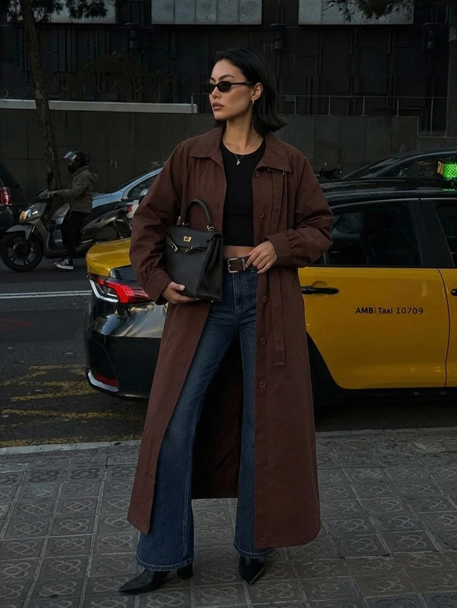 DAZY Solid Color Loose Long Belt Elegant Street Vacation Spring Autumn Long Trench Coat Jacket For Women - Coffee Brown - View 1