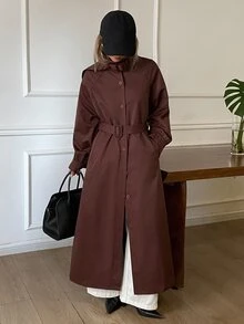 DAZY Solid Color Loose Long Belt Elegant Street Vacation Spring Autumn Long Trench Coat Jacket For Women - Coffee Brown - View 10