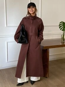 DAZY Solid Color Loose Long Belt Elegant Street Vacation Spring Autumn Long Trench Coat Jacket For Women - Coffee Brown - View 3