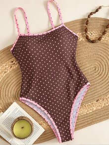 SHEIN Swim 性感波点印花挂脖连体泳衣，交叉露背设计，可调节肩带，修身剪裁，适合海滩、泳池、派对、春夏穿着。 - 彩色 - 查看 3