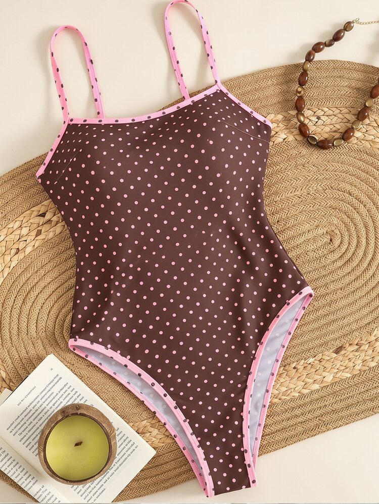 Swim Mod Brown Polka Dot Halter One-Piece Swimsuit,Retro Vintage Criss-Cross Backless,Adjustable Straps,Flattering Fit For Cute Summer Beach Holiday,Pool - Multicolor - View 3