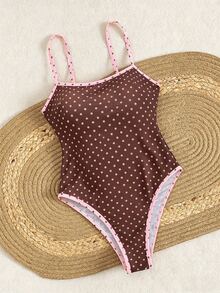 SHEIN Swim 性感波点印花挂脖连体泳衣，交叉露背设计，可调节肩带，修身剪裁，适合海滩、泳池、派对、春夏穿着。 - 彩色 - 查看 4