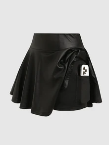 SHEIN 青少年女孩寬腰帶裙褲，附手機口袋 - 黑色 - 查看 5