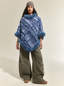 SoleilVie Vintage Jacquard Patchwork Furry Shawl Cape Pullover Sweater - Blue - View 3