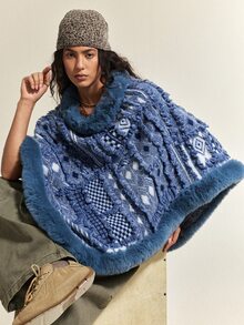 SoleilVie Vintage Jacquard Patchwork Furry Shawl Cape Pullover Sweater - Blue - View 5