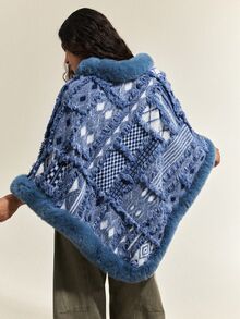 SoleilVie Vintage Jacquard Patchwork Furry Shawl Cape Pullover Sweater - Blue - View 2