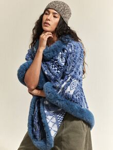 SoleilVie Vintage Jacquard Patchwork Furry Shawl Cape Pullover Sweater - Blue - View 4