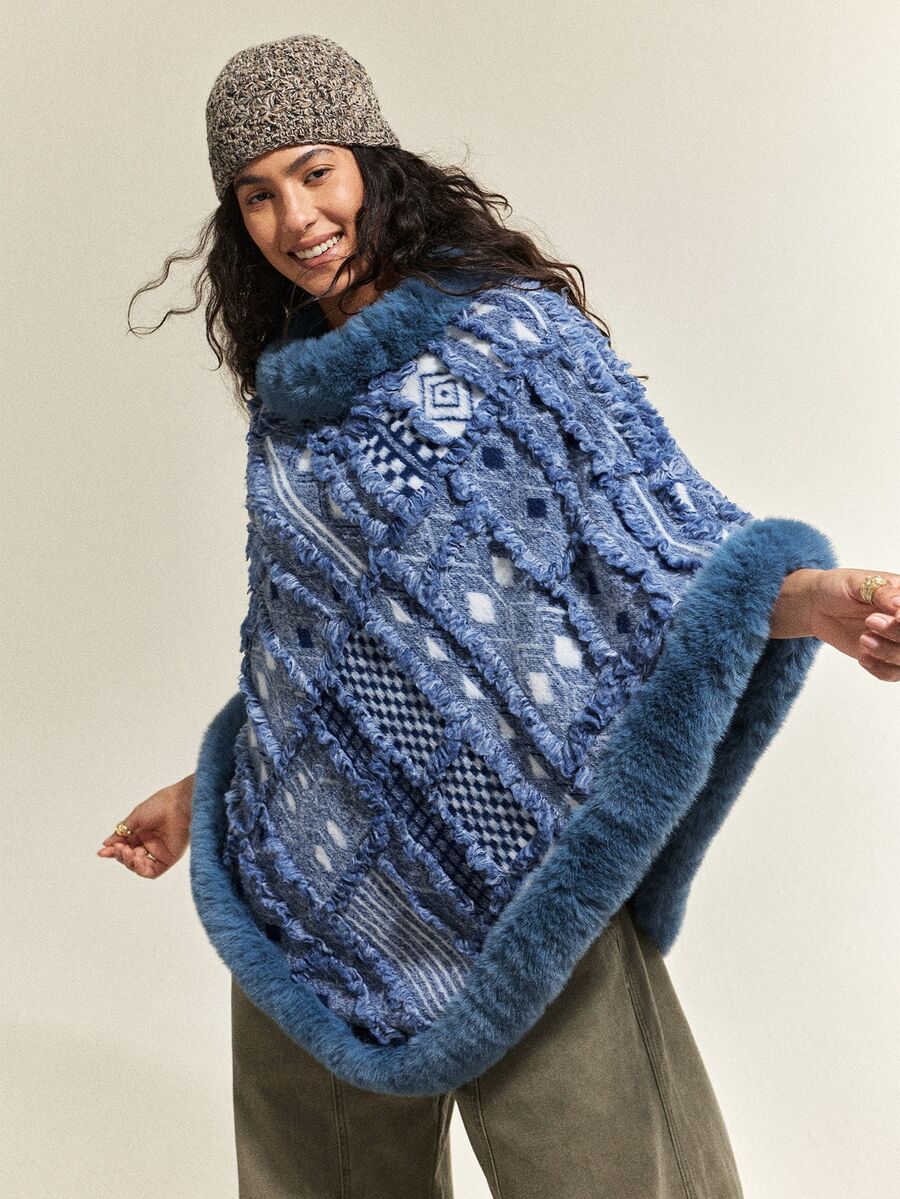 SoleilVie Vintage Jacquard Patchwork Furry Shawl Cape Pullover Sweater - Blue - View 1