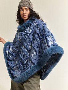 SoleilVie Vintage Jacquard Patchwork Furry Shawl Cape Pullover Sweater - Blue - View 7