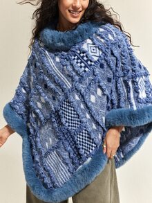 SoleilVie Vintage Jacquard Patchwork Furry Shawl Cape Pullover Sweater - Blue - View 6