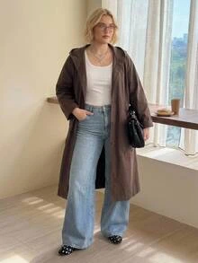SHEIN CURVE+ Jaket Trench Coat Wanita Ukuran Besar Warna Polos Modis Serbaguna untuk Aktivitas Sehari-hari dan Kasual - Chocolate Brown - View 9