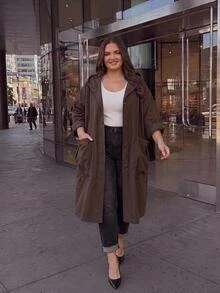 SHEIN CURVE+ Jaket Trench Coat Wanita Ukuran Besar Warna Polos Modis Serbaguna untuk Aktivitas Sehari-hari dan Kasual - Chocolate Brown - View 7