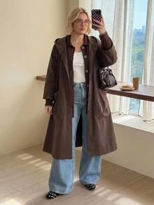 SHEIN CURVE+ Jaket Trench Coat Wanita Ukuran Besar Warna Polos Modis Serbaguna untuk Aktivitas Sehari-hari dan Kasual - Chocolate Brown - View 8