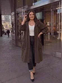 SHEIN CURVE+ Jaket Trench Coat Wanita Ukuran Besar Warna Polos Modis Serbaguna untuk Aktivitas Sehari-hari dan Kasual - Chocolate Brown - View 6