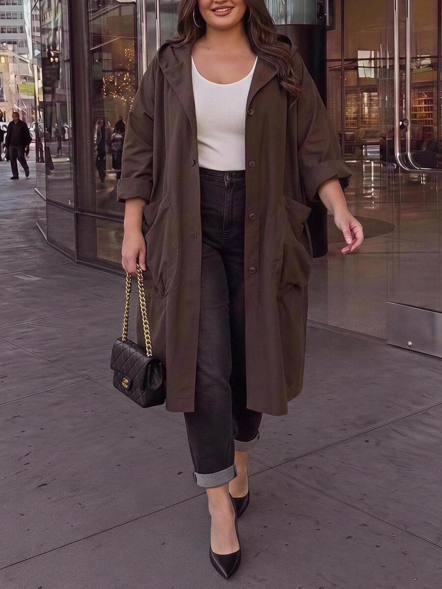 SHEIN CURVE+ Jaket Trench Coat Wanita Ukuran Besar Warna Polos Modis Serbaguna untuk Aktivitas Sehari-hari dan Kasual - Chocolate Brown - View 1