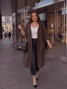 SHEIN CURVE+ Jaket Trench Coat Wanita Ukuran Besar Warna Polos Modis Serbaguna untuk Aktivitas Sehari-hari dan Kasual - Chocolate Brown - View 4