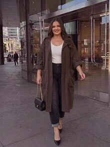 SHEIN CURVE+ Jaket Trench Coat Wanita Ukuran Besar Warna Polos Modis Serbaguna untuk Aktivitas Sehari-hari dan Kasual - Chocolate Brown - View 5