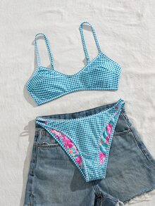 Swim Vcay 夏季度假海滩性感花卉格子双面吊带比基尼套装 - 彩色 - 查看 3