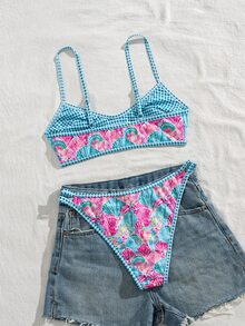 Swim Vcay 夏季度假海滩性感花卉格子双面吊带比基尼套装 - 彩色 - 查看 5